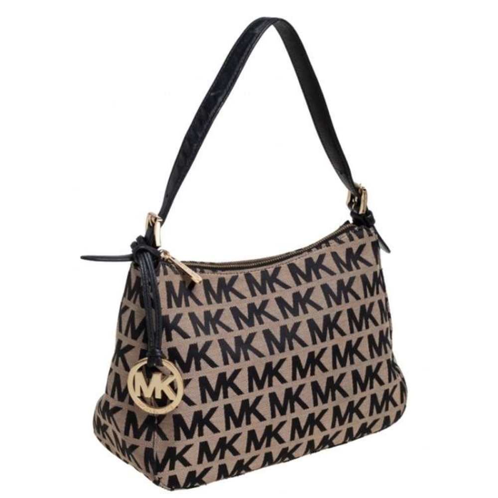 MICHAEL Michael Kors Beige/Black Signature Canvas and Leather Baguette EUC